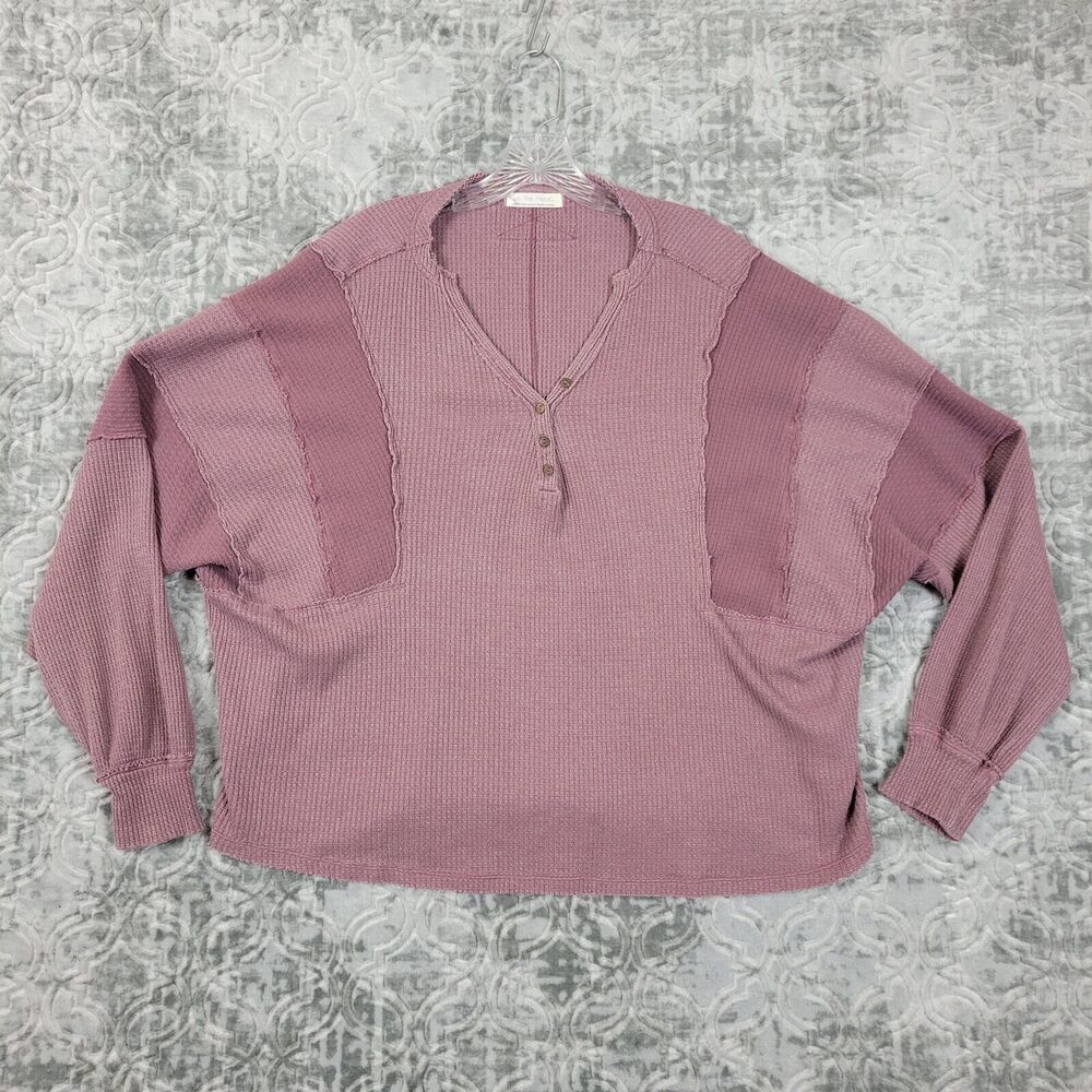 We The Free People Callisto Henley Shirt Womens Large Pink Waffle Knit Oversized